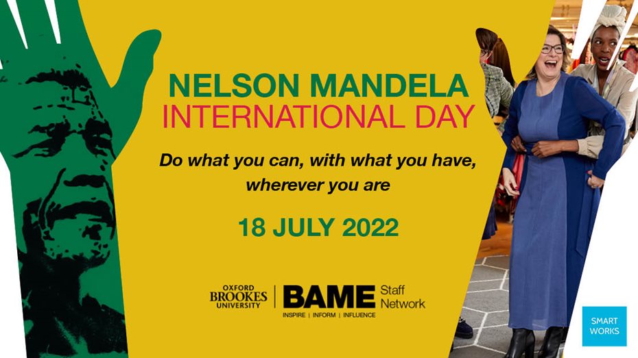 Nelson Mandela International Day event information on a yellow background with an image of Nelson Manadela in a hand to the left and women in interview clothes in a hand on the right.